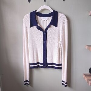 Anthropologie Women's Cream Sweater With Navy Trim